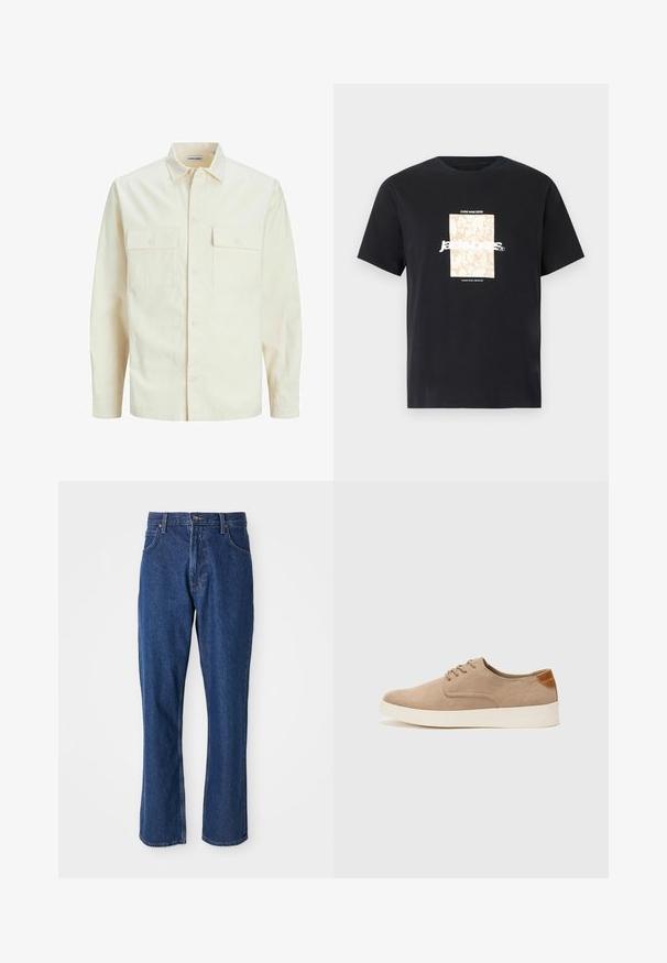 Hellbeige Langarmhemd mit klassischem Kragen, zwei Fronttaschen, Knopfverschluss und strukturiertem Stoff.; Schwarzes Baumwoll-T-Shirt mit Rundhalsausschnitt. Hat eine beige rechteckige Grafik und weißen Text "JAWO", zentriert auf der Vorderseite. Kurze Ärmel.; Blaue Jeans aus Denim mit geradem Schnitt, im Five-Pocket-Stil und einem stabilen Bund mit metallener Knopfverschluß.; Beige Wildleder-Sneaker mit runder Zehenpartie, Schnürung und strukturiertem Rückenteil. Die weiße Gummisohle sorgt für einen Kontrast. Einfaches und modernes Design.