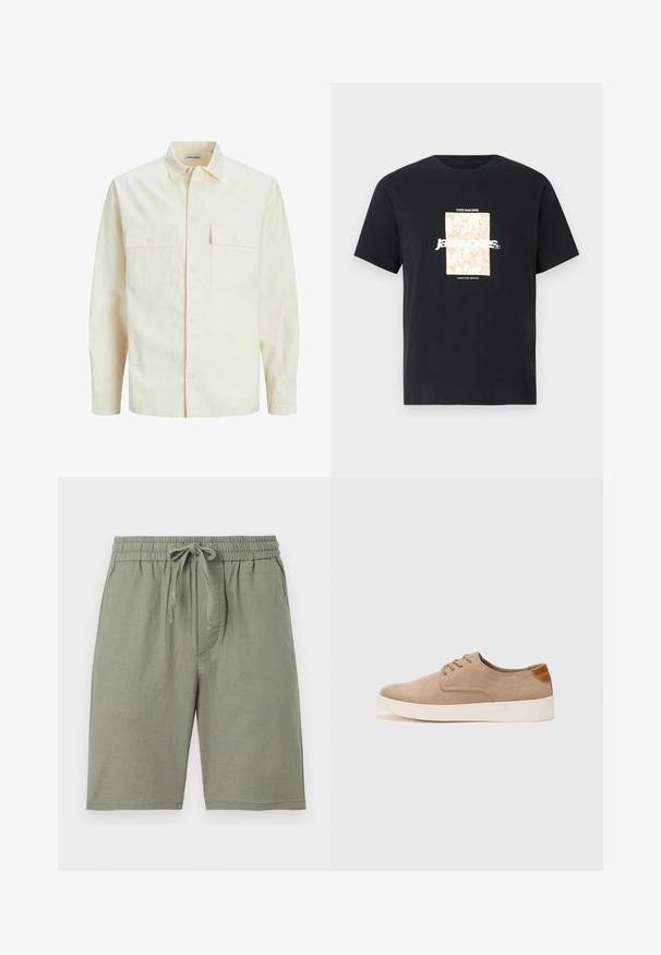 Camisa de manga larga color beige claro con cuello, dos bolsillos frontales, cierre de botones y una tela texturizada.; Camiseta de algodón negra con cuello redondo. Presenta un gráfico rectangular beige y texto blanco, "JAWO," centrado en la parte delantera. Mangas cortas.; Pantalones cortos de algodón verde claro con cinturilla elástica y cordón ajustable. Cuenta con bolsillos laterales y un corte a la altura de la rodilla.; Zapatillas de ante beige con puntera redondeada, cordones en la parte delantera y un acento texturizado en la parte trasera. La suela de goma blanca proporciona contraste. Diseño sencillo y moderno.