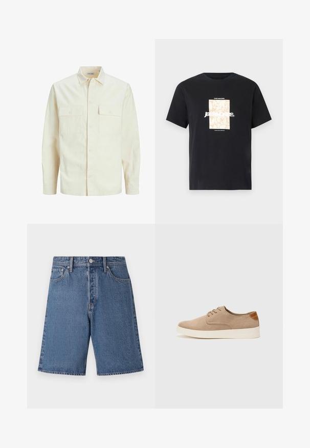 Svetlo béžová košeľa s dlhým rukávom, s golierom, dvoma prednými vreckami, zapínaním na gombíky a textúrovanou látkou.; Čierne bavlnené tričko s okrúhlym výstrihom. Na prednej strane sa nachádza béžová obdĺžniková grafika s bielym textom "JAWO," ktorý je umiestnený na stred. Krátke rukávy.; Džínové šortky svetlomodrej farby so zosvetlenou textúrou, s piatimi vreckami a gombíkovým zapínaním v páse.; Béžové semišové tenisky s okrúhlou špičkou, šnurovaním vpredu a textúrovaným zadným akcentom. Biela gumová podrážka poskytuje kontrast. Jednoduchý a moderný dizajn.