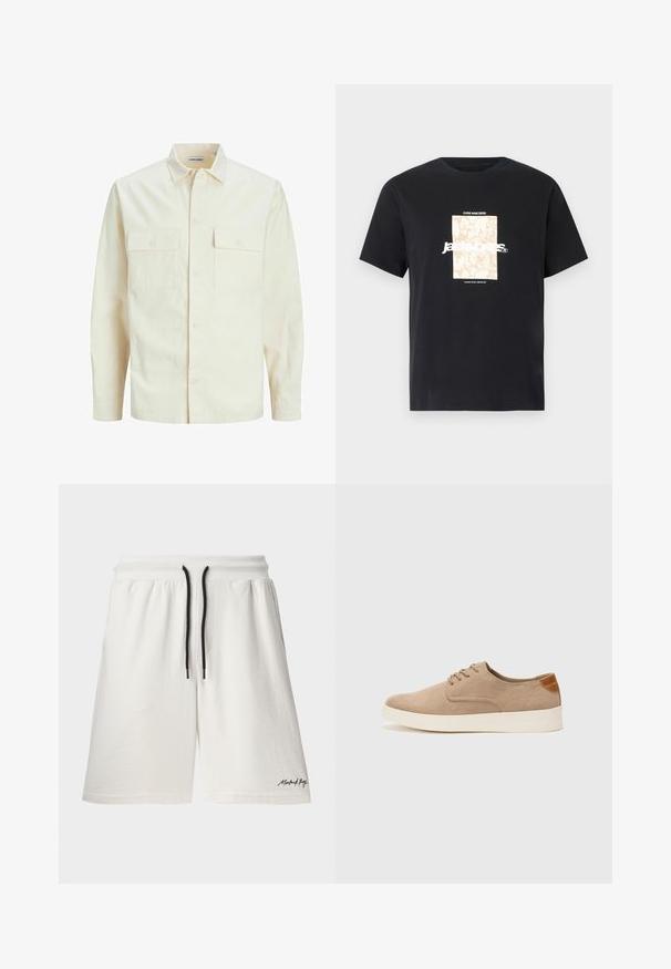 Chemise longue à manches longues beige clair avec un col, deux poches frontales, fermeture à boutons et un tissu texturé.; T-shirt noir en coton avec col rond. Présente un graphique rectangulaire beige et un texte blanc "JAWO" centré sur le devant. Manches courtes.; Shorts en coton blanc avec une taille à cordon de serrage et des accents noirs. Comprend des poches latérales et un petit logo sur l'ourlet. Texture douce.; Baskets en daim beige avec un embout arrondi, un laçage sur le devant et un accent texturé à l'arrière. La semelle en caoutchouc blanche offre un contraste. Design simple et moderne.