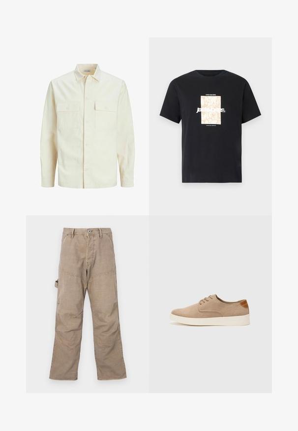 Svijetlo bež košulja dugih rukava s ovratnikom, dva prednja džepa, zatvaranje na dugmad i teksturirani materijal.; Crna pamučna majica s okruglim izrezom. Ima bež pravokutni grafički prikaz i bijeli tekst "JAWO" centriran sprijeda. Kratki rukavi.; Smeđe cargo hlače s vidljivim šavovima, širokim nogavicama i četiri džepa. Izrađene su od čvrstog materijala, imaju blagu teksturu i kopčanje na dugme.; Bež nubuk tenisice s okruglim vrhom, vezanjem sprijeda i teksturiranim stražnjim naglaskom. Bijela gumena potpetica pruža kontrast. Jednostavan i moderan dizajn.