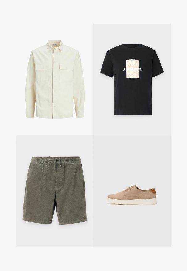 Světle béžová košile s dlouhým rukávem, límečkem, dvěma předními kapsami, zapínáním na knoflíky a strukturovanou tkaninou.; Černé bavlněné tričko s kulatým výstřihem. Na přední straně se nachází béžová obdélníková grafika a bílý text "JAWO" vycentrovaný uprostřed. Krátké rukávy.; Olivenové kordové šortky s elastickým pasem a šňůrkou, texturovanými vertikálními žebry a bočními kapsami.; Béžové semišové tenisky s kulatou špičkou, šněrováním vpředu a texturovaným zadním akcentem. Bílá gumová podrážka poskytuje kontrast. Jednoduchý a moderní design.