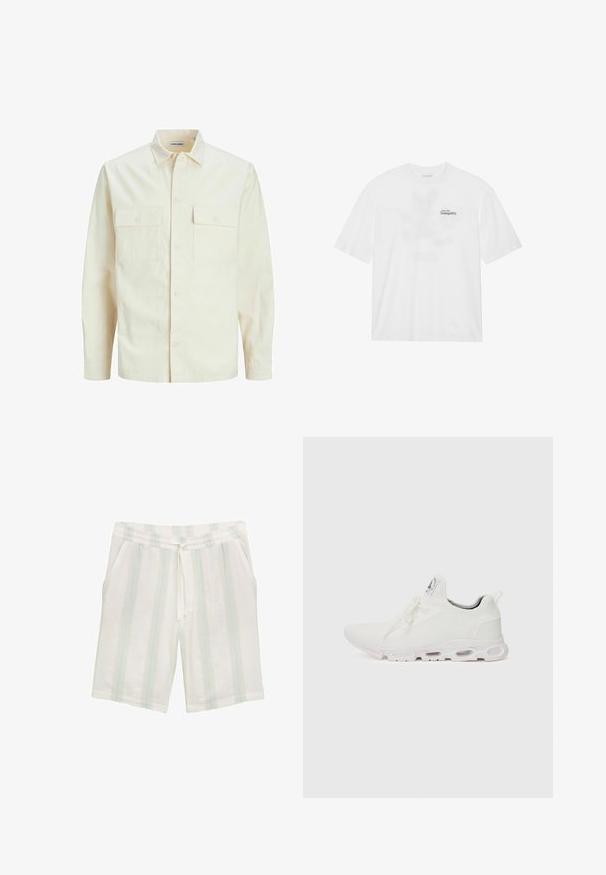 Camicia beige chiaro a maniche lunghe con colletto, due tasche frontali, chiusura a bottoni e un tessuto texturizzato.; T-shirt bianca in cotone a maniche corte, con stampa frontale che riporta la scritta "Vola verso la Tranquillità" in nero e verde.; Shorts bianchi realizzati in tessuto leggero, con strisce verticali azzurro chiaro e verdi, dotati di una vita elasticizzata e tasche laterali.; Scarpe atletiche bianche con tomaia in maglia testurizzata, lacci piatti e una suola ammortizzata con camere d'aria visibili per un supporto aggiuntivo.