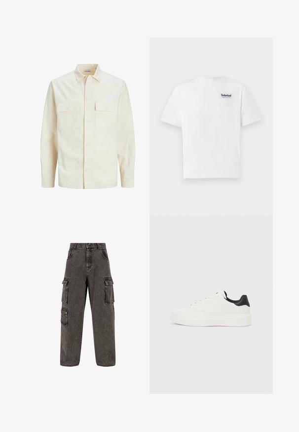 Šviesiai smėlio spalvos ilgomis rankovėmis marškiniai su apykakle, dviem priekinėmis kišenėmis, mygtukų uždarymu ir tekstūruota medžiaga.; Balta medvilnė marškinėliai su mėlynu siuvinėtu "Timberland Rugged Active Gear" logotipu kairiajame krūtinės viršuje. Trumpi rankovės ir apvalus kaklas.; Karl Kani OG BAGGY - Laisvo kirpimo džinsai - grey; Balti odiniai sportbačiai su įspaustu raštu, tekstūruotas baltas vidpadis ir juodas kulno akcentas. Ypatybės: apvalus pirštas ir plokščios batraiščiai.