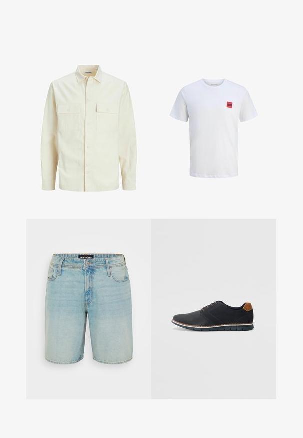 Vaaleanbeige pitkähihaisen paidan, jossa on kaulukset, kaksi etutaskua, nappikiinnitys ja tekstiilissä on tekstuuria.; Valkoinen puuvillainen t-paita lyhyillä hihoilla, jossa on pieni punainen neliölogo mustalla tekstillä vasemmassa rintapielessä. Klassinen pyöreä kaula-aukko.; Vaalean siniset farkkushyvät, joissa on klassinen viiden taskun muotoilu, nappikiinnitys ja hieman haalistunut pinta. JACKET & JONES -logo näkyvissä vyötärönauhas.; Mustat synteettiset kengät, joissa on teksturoitu päällinen, sileät yksityiskohdat, ruskea kanta ja erottuva pohja. Ominaisuuksina minimaalinen nauhoitus ja ompeluyksityiskohdat.