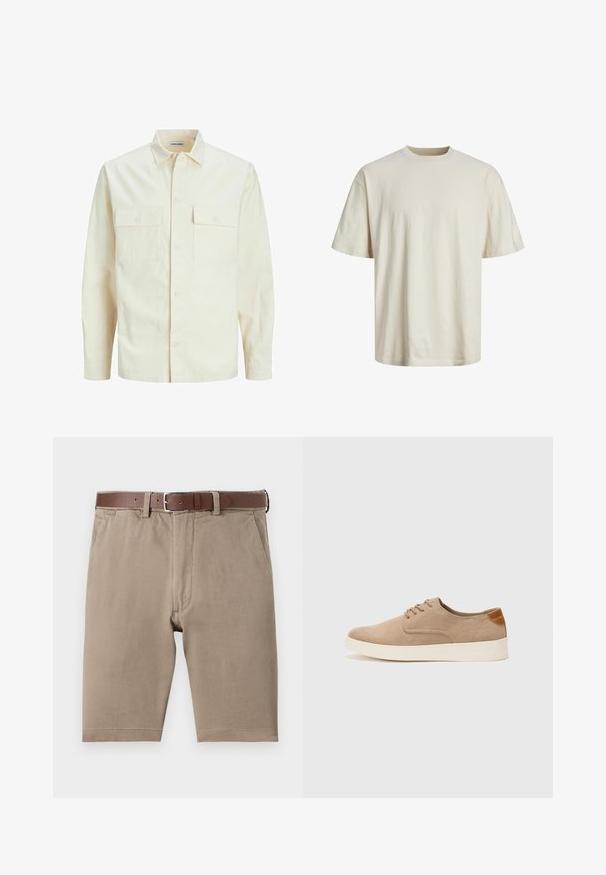 Lichtbeige langemouwen shirt met een kraaghalslijn, twee voorzakken, knoopsluiting en een gestructureerde stof.; Crewneck katoenen t-shirt in off-white, met korte mouwen, een relaxte pasvorm en een gladde, lichte textuur.; Katoenen shorts in beige met een rechte snit, voorzien van een bruine leren riem en zijzakken, gladde textuur met keurig afgewerkte zomen.; Beige suède sneakers met een ronde neus, vetersluiting aan de voorkant en een getextureerde achteraccent. De witte rubberen zool zorgt voor contrast. Eenvoudig en modern ontwerp.