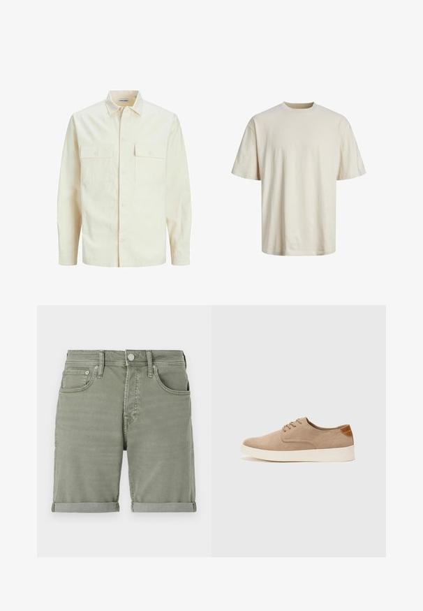 Világos bézs színű, hosszú ujjú ing, galléros nyakkal, két elülső zsebbel, gombos záródással és struktúrált anyaggal.; Crewnyakos pamut póló törtfehér színben, rövid ujjal, laza szabással és sima, könnyű textúrával.; Zöld farmer sort, felgombolt szegéllyel, elülső zsebekkel, gombos záródással és enyhe kopással a laza megjelenésért.; Beige velúr sportcipő, kerek orral, fűzős elülső résszel és textúrált hátsó részlettel. Fehér gumitalp kontrasztot ad. Egyszerű és modern design.