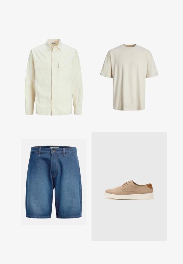 Világos bézs színű, hosszú ujjú ing, galléros nyakkal, két elülső zsebbel, gombos záródással és struktúrált anyaggal.; Crewnyakos pamut póló törtfehér színben, rövid ujjal, laza szabással és sima, könnyű textúrával.; Sötétkék mosású farmer sort, klasszikus öt zsebes kialakítással, cipzáras záródással és gombbal, valamint kontrasztos varrással.; Beige velúr sportcipő, kerek orral, fűzős elülső résszel és textúrált hátsó részlettel. Fehér gumitalp kontrasztot ad. Egyszerű és modern design.