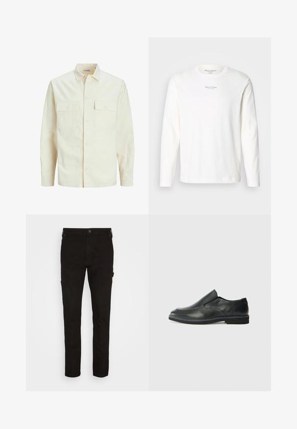 Světle béžová košile s dlouhým rukávem, límečkem, dvěma předními kapsami, zapínáním na knoflíky a strukturovanou tkaninou.; Bílý bavlněný tričko s dlouhým rukávem. Má kulatý výstřih a malé černé logo umístěné na hrudi. Měkká textura, neformální design.; Černé cargo kalhoty vyrobené z odolného materiálu, s bočními kapsami, přiléhavým střihem a zapínáním na knoflík v pase.; Černá kožená nazouvací bota s hladkým svrškem, prošívanými detaily, zaoblenou špičkou a nízkým gumovým podpatkem. Podešev má minimální vzorek.