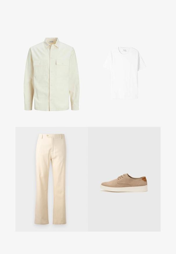 Svetlo bež srajca z dolgimi rokavi, ovratnim izrezom, dvema sprednjima žepoma, zapenjanjem na gumbe in teksturirano tkanino.; Bela bombažna majica s kratkimi rokavi, okroglim izrezom in sproščenim krojem. Gladka textura, brez vzorcev ali grafik, minimalno blagovno znamčenje na etiketi.; Bež hlače iz bombaža s ravnim krojem, z opremljenim zadrgo in gumbom. Čista zasnova brez vidnih vzorcev ali kovinskih dodatkov.; Bež tkanine usnjene superge z zaobljenim nosom, vezalkami na sprednji strani in teksturiranim zadnjim detajlom. Belo gumijasto podplato zagotavlja kontrast. Enostaven in sodoben dizajn.