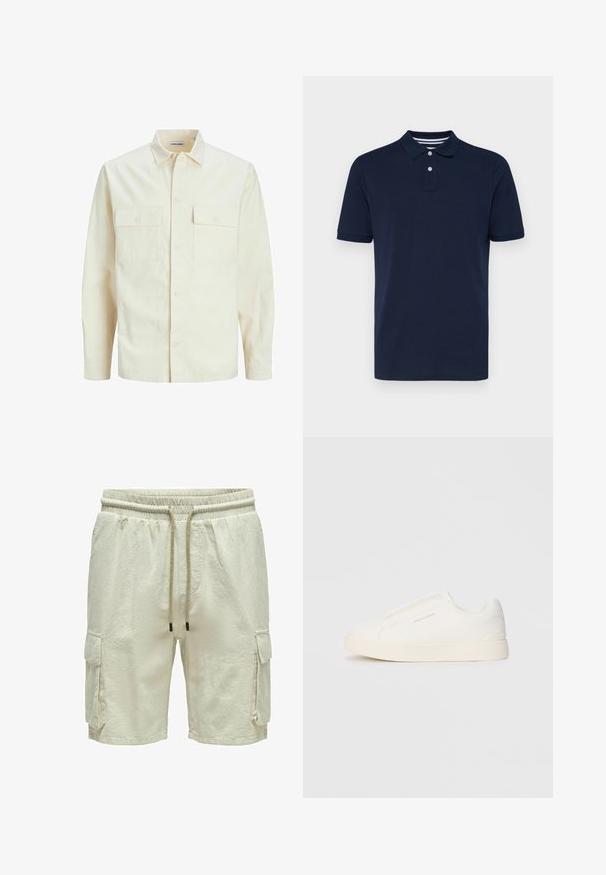 Jasno beżowa koszula z długim rękawem, z kołnierzykiem, dwoma kieszeniami z przodu, zapięciem na guziki i teksturowanym materiałem.; Granatowa koszulka polo z krókim rękawem wykonana z bawełny, z kołnierzykiem zapinanym na trzy guziki oraz subtelnymi poziomymi paseczkami na kołnierzu.; Beżowe szorty cargo z fakturowanej tkaniny, elastycznym pasem i sznurkiem. Posiadają dwie boczne kieszenie z klapkami.; Białe sneakersy wsuwane z teksturowanej powierzchni, grubą podeszwą i minimalistycznym designem. Zawierają logo marki z boku.