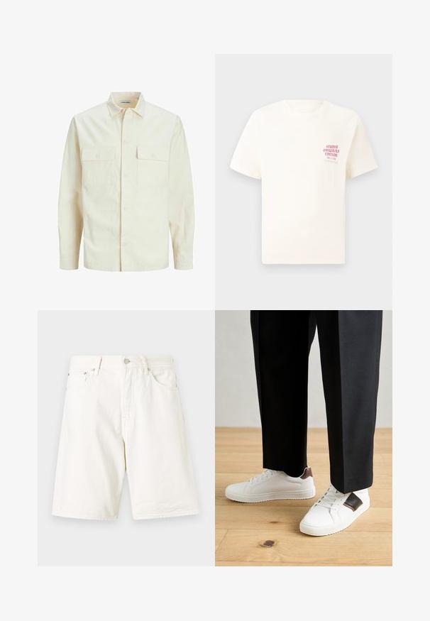 Jasno beżowa koszula z długim rękawem, z kołnierzykiem, dwoma kieszeniami z przodu, zapięciem na guziki i teksturowanym materiałem.; Biała koszulka z krótkim rękawem z czerwonym napisem "Studio Originals Edition" po lewej stronie klatki piersiowej, wyeksponowana na neutralnym szarym tle.; Białe szorty z denimu o prostym kroju, z paskami do przewlekania, zamek błyskawiczny oraz dwie kieszenie z przodu. Gładka tekstura i prosty design.; Białe trampki o gładkiej fakturze, z brązowymi skórzanymi akcentami i czarnymi detalami, zestawione z czarnymi eleganckimi spodniami. Tło stanowi drewniana podłoga.