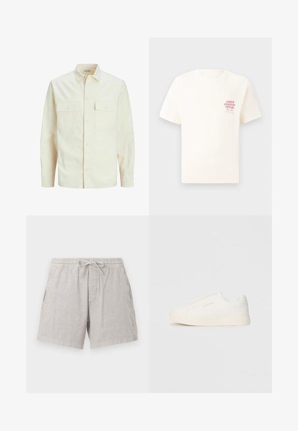 Chemise longue à manches longues beige clair avec un col, deux poches frontales, fermeture à boutons et un tissu texturé.; T-shirt blanc à manches courtes avec le texte rouge "Édition Originals du Studio" sur la poitrine gauche, présenté sur un fond gris neutre.; Shorts en lin gris avec une taille élastique et un cordon de serrage. Comprend des poches latérales et une coupe décontractée, avec une texture subtile.; Baskets blanches sans lacets avec une surface texturée, une semelle épaisse et un design minimaliste. Présente le logo de la marque sur le côté.