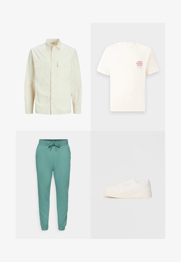 Lichtbeige langemouwen shirt met een kraaghalslijn, twee voorzakken, knoopsluiting en een gestructureerde stof.; Witte T-shirt met korte mouwen met rode tekst "Studio Originals Edition" op de linker borst, weergegeven op een neutrale grijze achtergrond.; G-STAR PREMIUM CORE TYPE - Trainingsbroek - blue spruce; Witte instap sneakers met een gestructureerd oppervlak, een dikke zool en een minimalistisch ontwerp. Bevat het merklogo aan de zijkant.