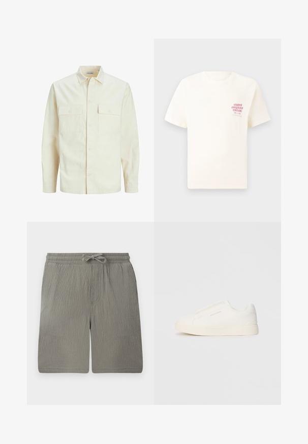 Chemise longue à manches longues beige clair avec un col, deux poches frontales, fermeture à boutons et un tissu texturé.; T-shirt blanc à manches courtes avec le texte rouge "Édition Originals du Studio" sur la poitrine gauche, présenté sur un fond gris neutre.; Shorts gris clair en tissu texturé. Dotés d'une taille élastique, d'un cordon de serrage et d'une poche latérale. Design simple et droit.; Baskets blanches sans lacets avec une surface texturée, une semelle épaisse et un design minimaliste. Présente le logo de la marque sur le côté.
