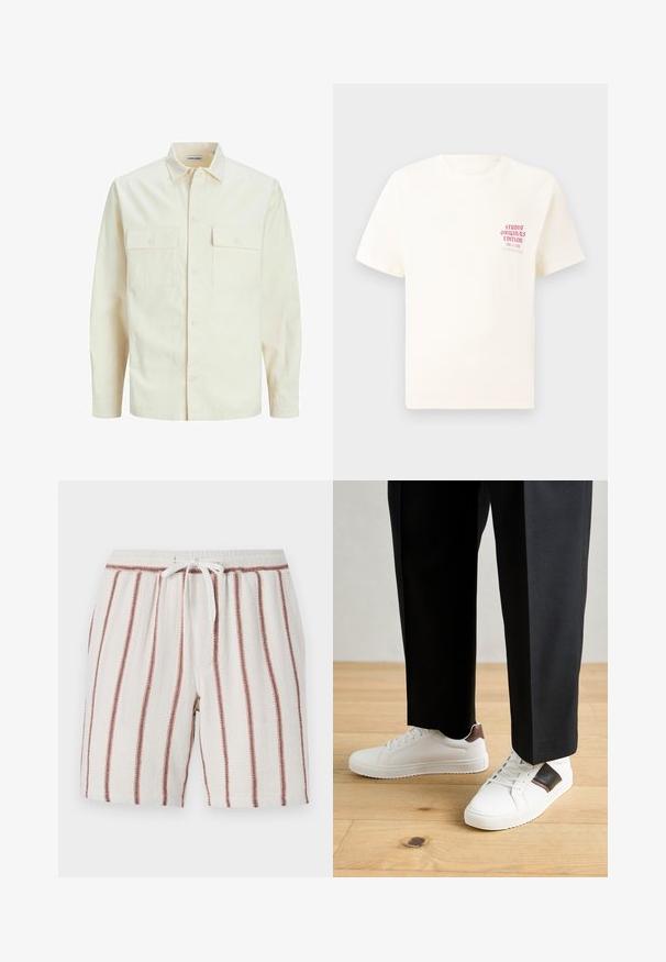 Chemise longue à manches longues beige clair avec un col, deux poches frontales, fermeture à boutons et un tissu texturé.; T-shirt blanc à manches courtes avec le texte rouge "Édition Originals du Studio" sur la poitrine gauche, présenté sur un fond gris neutre.; Shorts en coton avec taille à cordon de serrage, fond crème avec des rayures verticales couleur rouille, tissu texturé et coupe décontractée.; Des sneakers blanches au texture lisse, avec des accents en cuir marron et des détails noirs, assorties à un pantalon noir ajusté. Fond en parquet.