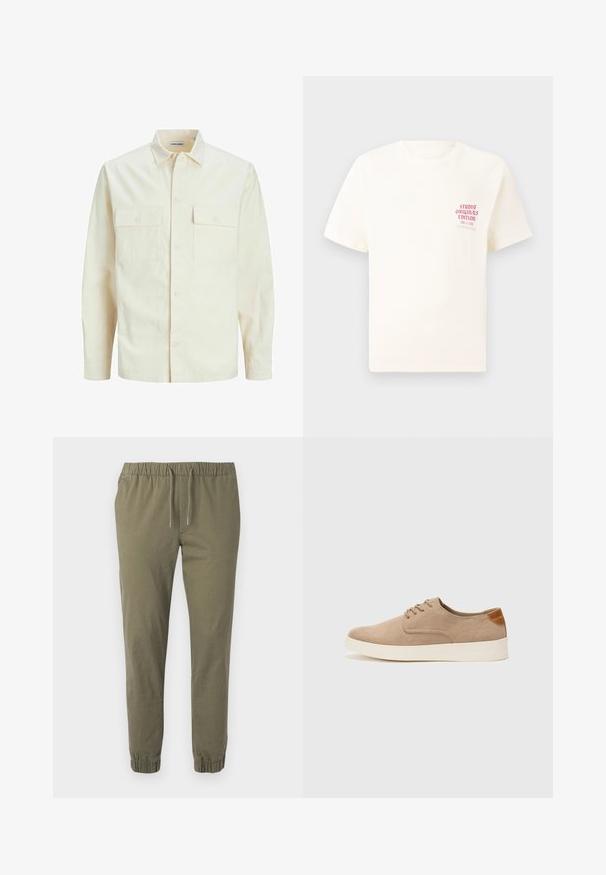 Chemise longue à manches longues beige clair avec un col, deux poches frontales, fermeture à boutons et un tissu texturé.; T-shirt blanc à manches courtes avec le texte rouge "Édition Originals du Studio" sur la poitrine gauche, présenté sur un fond gris neutre.; Pantalons vert olive, fuselés avec une taille élastique et un cordon de serrage ajustable. Dotés de poignets élastiques et d'un tissu lisse et léger.; Baskets en daim beige avec un embout arrondi, un laçage sur le devant et un accent texturé à l'arrière. La semelle en caoutchouc blanche offre un contraste. Design simple et moderne.