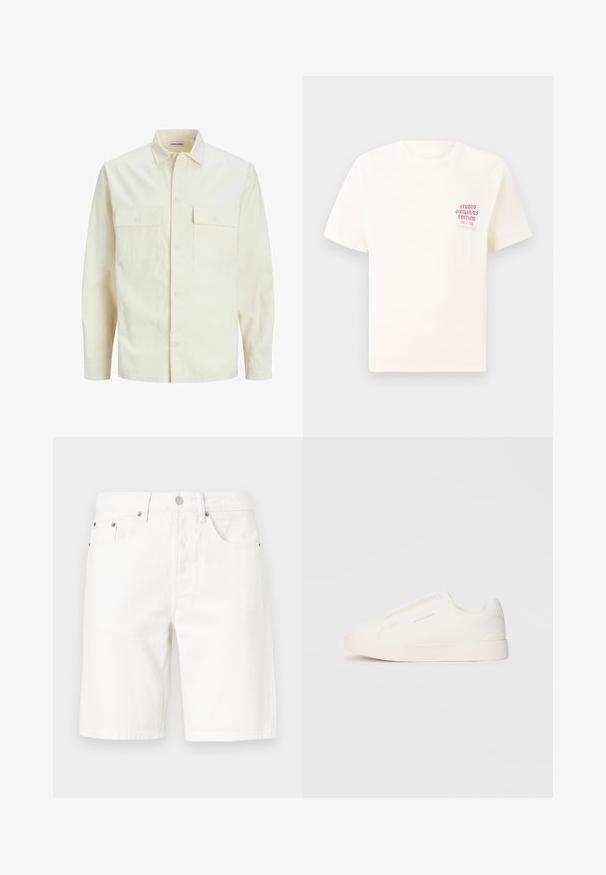 Világos bézs színű, hosszú ujjú ing, galléros nyakkal, két elülső zsebbel, gombos záródással és struktúrált anyaggal.; Fehér, rövid ujjú póló, bal mellen piros szöveggel "Studio Originals Edition", semleges szürke háttér előtt.; Fehér farmer rövidnadrág egyenes szabással, elől gombos záródással, öt zsebbel és diszkrét varrási részletekkel.; Fehér slip-on sportcipők texturált felülettel, vastag talppal és minimalista dizájnnal. Az oldalon a márka logója található.