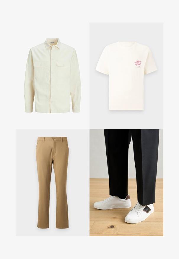 Svijetlo bež košulja dugih rukava s ovratnikom, dva prednja džepa, zatvaranje na dugmad i teksturirani materijal.; Bijela kratka majica s kratkim rukavima s crvenim natpisom "Studio Originals Edition" na lijevoj strani grudi, prikazana na neutralnoj sivoj pozadini.; Bež chinos hlače s ravnim krojem, izrađene od pamuka, s jednim prednjim gumbom za zatvaranje i bočnim džepovima. Glatka tekstura.; Bijele tenisice s glatkom teksturom, s smešnim kožnim detaljima i crnim naglascima, u kombinaciji s crnim krojenim hlačama. Pozadina od drvenog poda.