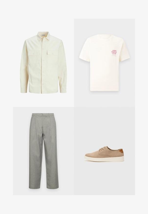 Kergedbež pika-särk pikkade varrukatega, krae ja kahe eespool asuva taskuga, nööpidega kinnitamine ja reljeefne materjal.; Valge lühikeste varrukatega T-särk, millel on vasakul rinnal punane tekst "Studio Originals Edition", esitatud neutraalsel hallil taustal.; Hallitatud hallid püksid, mis on valmistatud tekstuuriga kangast, sirge jala disainiga, ees pleekidega ning tavalise vöökohtadega, kus on vöökohad.; Beežid nahast tossud ümarate varvastega, paeltega esiosa ja tekstuuriga tagakontuuriga. Valge kummist tallapakkumine loob kontrasti. Lihtne ja kaasaegne disain.
