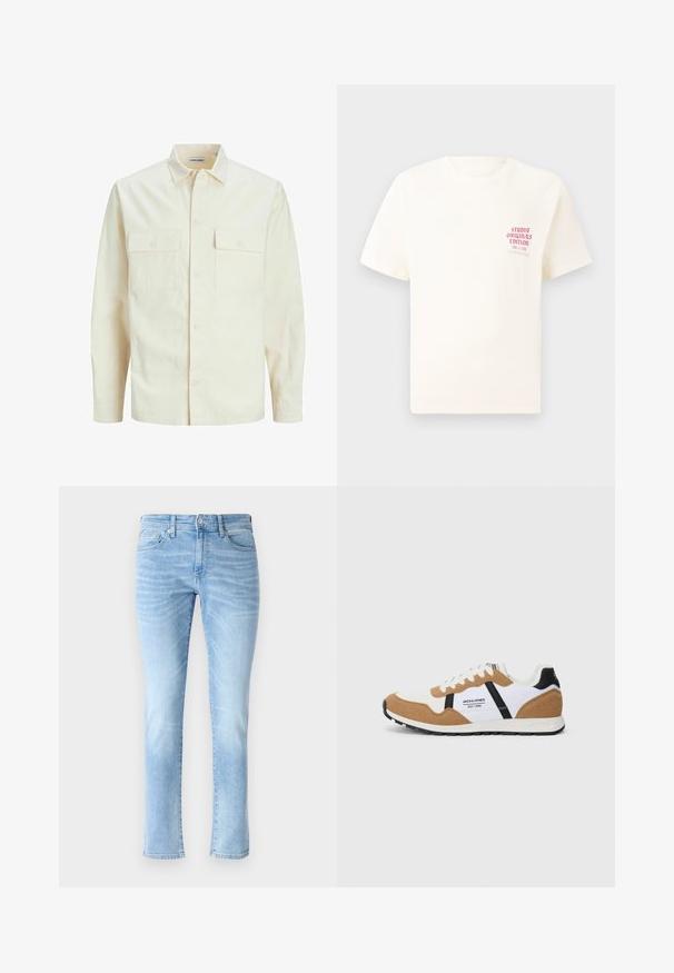 Jasno beżowa koszula z długim rękawem, z kołnierzykiem, dwoma kieszeniami z przodu, zapięciem na guziki i teksturowanym materiałem.; Biała koszulka z krótkim rękawem z czerwonym napisem "Studio Originals Edition" po lewej stronie klatki piersiowej, wyeksponowana na neutralnym szarym tle.; Jasnoniebieskie dżinsy o slim fit, pięciokomorowym designie i subtelnych wyblakłych detalach, z klasycznym prostym krojem nogawki i zapięciem na guzik.; Sneakers w retro stylu, białe, z beżowym zamszem, czarnymi akcentami, białymi sznurowadłami oraz logo "Jack & Jones EST. 1990" z boku.