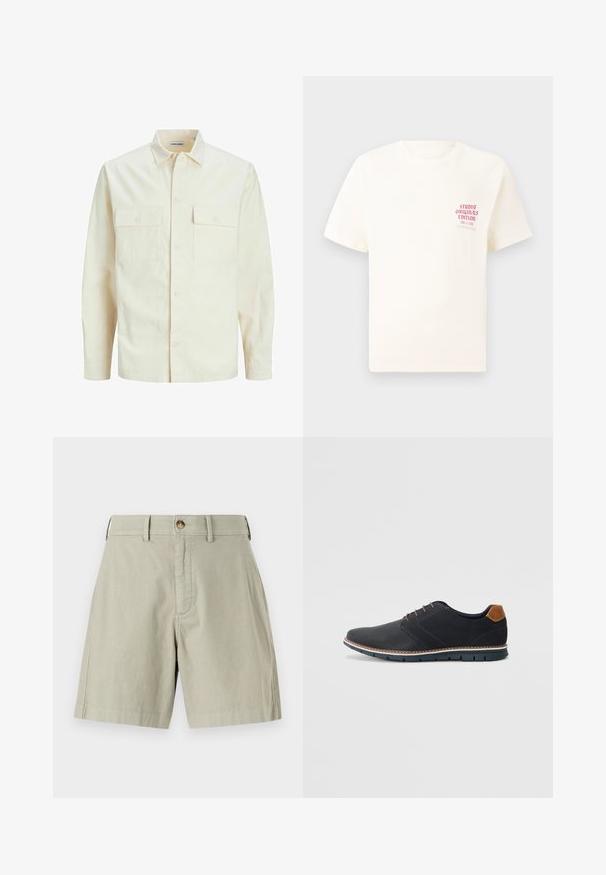 Light beige long-sleeve shirt with a collared neckline, two front pockets, button closure, and a textured fabric.; White short-sleeve T-shirt with red text "Studio Originals Edition" on left chest, displayed on a neutral gray background.; Light beige shorts with a flat front, single metal button closure, and belt loops. Made from a soft cotton blend with a tailored fit.; Black synthetic shoes with a textured upper, smooth accents, brown heel, and a contrasting sole. Features minimal lacing and stitch details.