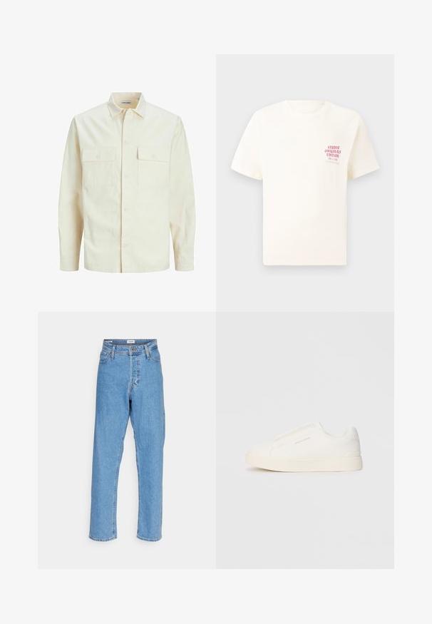Chemise longue à manches longues beige clair avec un col, deux poches frontales, fermeture à boutons et un tissu texturé.; T-shirt blanc à manches courtes avec le texte rouge "Édition Originals du Studio" sur la poitrine gauche, présenté sur un fond gris neutre.; Jeans taille haute droite bleu clair avec bouton à l'avant, fermeture éclair, passants de ceinture et design à cinq poches sur fond blanc.; Baskets blanches sans lacets avec une surface texturée, une semelle épaisse et un design minimaliste. Présente le logo de la marque sur le côté.