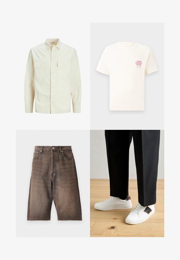 Camicia beige chiaro a maniche lunghe con colletto, due tasche frontali, chiusura a bottoni e un tessuto texturizzato.; T-shirt bianco a maniche corte con testo rosso "Studio Originals Edition" sul lato sinistro del petto, esposto su uno sfondo grigio neutro.; Shorts in denim di un colore marrone sbiadito con taglio dritto. Caratterizzati da cinque tasche, passanti per la cintura e chiusura a bottone in vita.; Sneakers bianchi dalla texture liscia, con dettagli in pelle marrone e particolari neri, abbinati a pantaloni neri su misura. Sfondo in parquet.