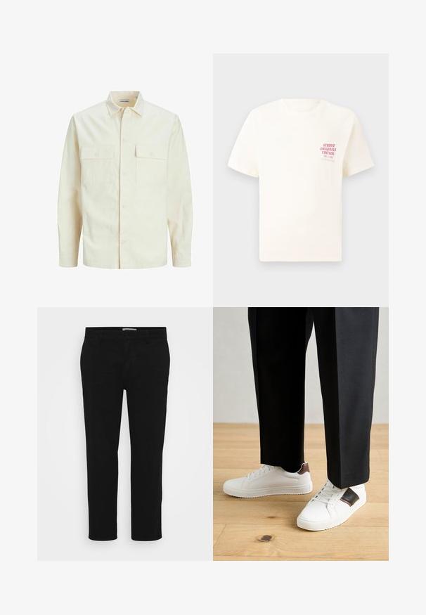 Svetlo béžová košeľa s dlhým rukávom, s golierom, dvoma prednými vreckami, zapínaním na gombíky a textúrovanou látkou.; Biele tričko s krátkym rukávom s červeným textom "Studio Originals Edition" na ľavej hrudi, zobrazené na neutrálnom šedom pozadí.; Čierne bavlnené nohavice so štíhlym strihom, prednými vreckami, zapínaním na gombík a hladkou, jemnou textúrou. Bez viditeľných vzorov alebo ozdôb.; Biele tenisky s hladkým povrchom, s hnedými koženými akcentmi a čiernymi detailmi, spárované s čiernymi elegantnými nohavicami. Pozadím je drevená podlaha.