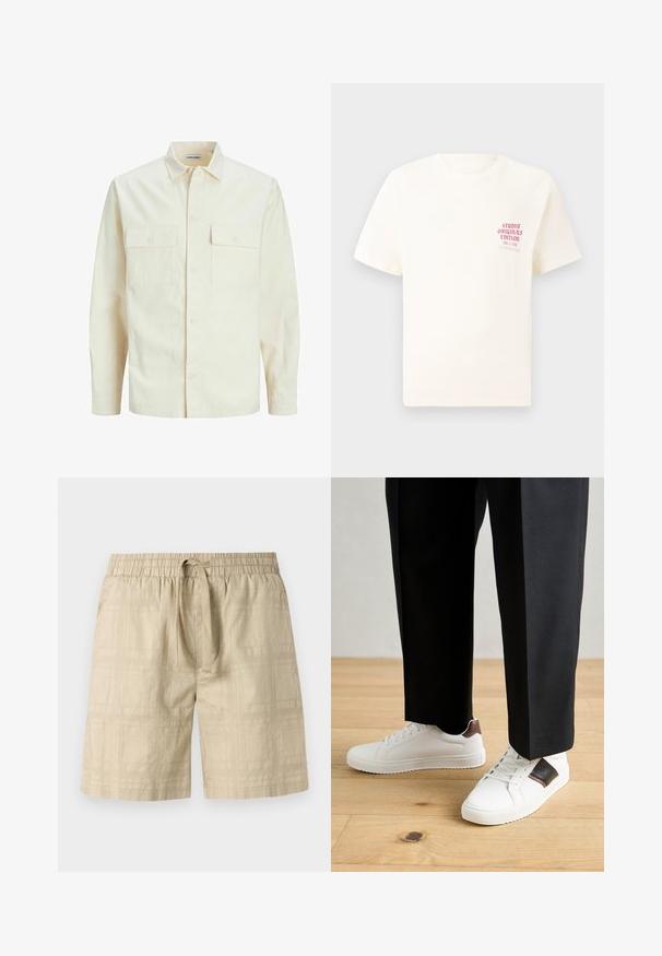 Lichtbeige langemouwen shirt met een kraaghalslijn, twee voorzakken, knoopsluiting en een gestructureerde stof.; Witte T-shirt met korte mouwen met rode tekst "Studio Originals Edition" op de linker borst, weergegeven op een neutrale grijze achtergrond.; Beige shorts van lichtgewicht materiaal met een elastische tailleband en trekkoord, voorzien van een subtiel ruitpatroon en een rechte snit.; Witte sneakers met een gladde textuur, voorzien van bruine lederen accenten en zwarte details, gecombineerd met zwarte maatpakken. Achtergrond van houten vloeren.