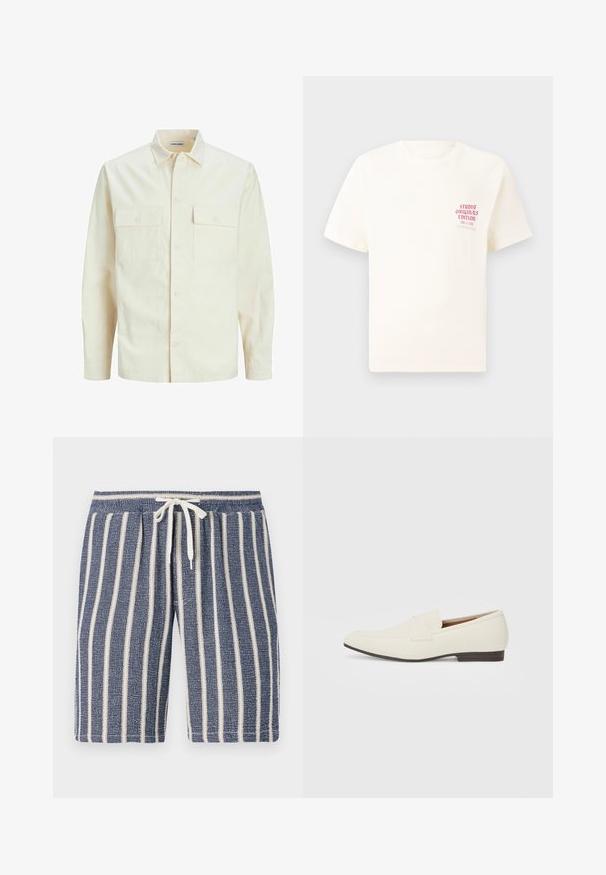 Lichtbeige langemouwen shirt met een kraaghalslijn, twee voorzakken, knoopsluiting en een gestructureerde stof.; Witte T-shirt met korte mouwen met rode tekst "Studio Originals Edition" op de linker borst, weergegeven op een neutrale grijze achtergrond.; Marineblauwe gebreide shorts met witte verticale strepen, een elastische tailleband en een trekkoorddetail. Casual ontwerp geschikt voor warm weer.; Lichtbeige loafers met een spitse neus, glad materiaal, een band over de wreef en een lage bruine zool. Eenvoudig ontwerp met minimale accenten.