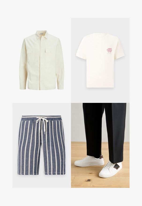 Kergedbež pika-särk pikkade varrukatega, krae ja kahe eespool asuva taskuga, nööpidega kinnitamine ja reljeefne materjal.; Valge lühikeste varrukatega T-särk, millel on vasakul rinnal punane tekst "Studio Originals Edition", esitatud neutraalsel hallil taustal.; Tumed sinise tekstuuriga lühikesed püksid valgete vertikaalsete triipudega, elastne vöökoht ja kapuutsiga detail. Igapäevane disain, sobilik soojade ilmade jaoks.; Valged sneakersid siledat tekstuurist, millel on pruunad nahast detailid ja mustad aksessuaarid, millele on sobitatud mustad kohandatud püksid. Puitpõranda taust.