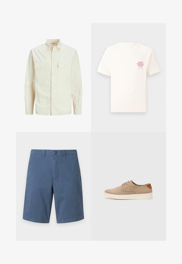 Šviesiai smėlio spalvos ilgomis rankovėmis marškiniai su apykakle, dviem priekinėmis kišenėmis, mygtukų uždarymu ir tekstūruota medžiaga.; Balta trumpa rankovėmis marškinėliai su raudonu užrašu "Studio Originals Edition" kairiajame krūtinės šone, rodomi neutralioje pilkoje aplinkoje.; GAP VINTAGE - Šortai - frozen lake; Bežiniai zomšiniai sportbačiai su apvaliomis pirštų dalimis, raišteliais priekyje ir tekstūruotu užkulniu. Balta guma suteikia kontrastą. Paprastas ir modernus dizainas.