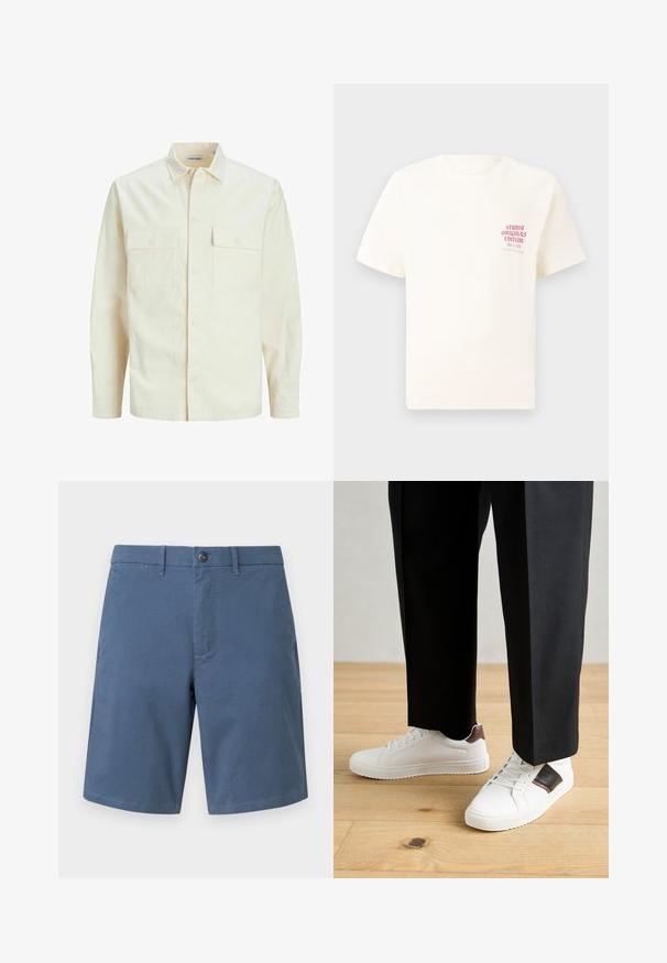 Gai bēšs garām piedurknēm krekls ar apkakles izgriezumu, divām priekšējām kabatām, pogu aizdari un teksturētu audumu.; Balts īsām piedurknēm T-krekls ar sarkanu tekstu "Studio Originals Edition" uz kreisā krūšu, pakārtots neitrālā pelēkā fonā.; GAP VINTAGE - Šorti - frozen lake; Baltā pārsoļa apavi ar gludu tekstūru, papildināti ar brūniem ādas akcentiem un melniem elementiem, savienoti ar melnām pielāgotām biksēm. Koka grīdas fons.