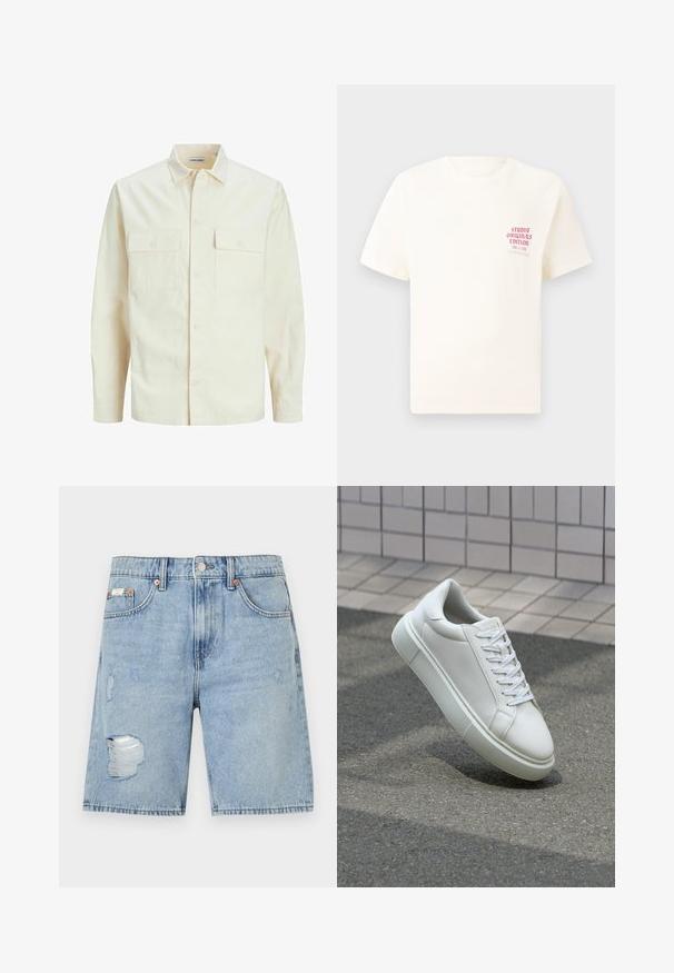 Vaaleanbeige pitkähihaisen paidan, jossa on kaulukset, kaksi etutaskua, nappikiinnitys ja tekstiilissä on tekstuuria.; Valkoinen lyhythihainen t-paita, jossa on punainen teksti "Studio Originals Edition" vasemmalla rinnalla, esitetty neutraalilla harmaalla taustalla.; Vaaleansiniset farkkuhousut, joissa on kulutettu design. Ominaisuuksina repaleiset lahkeet ja paikat, viisi taskua ja metallinen napitus.; Valkoinen nahkainen lenkkari, jossa on sileä pinta, pyöreä kärki ja tasaiset valkoiset nauhat. Varustettu teksturoidulla kumi-pohjalla ja vähäisillä muotoiluelementeillä.