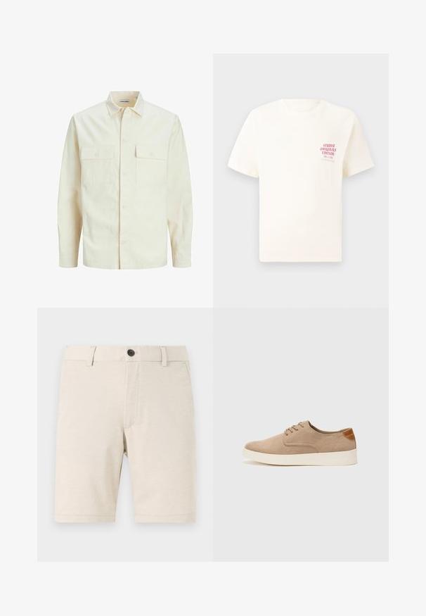 Chemise longue à manches longues beige clair avec un col, deux poches frontales, fermeture à boutons et un tissu texturé.; T-shirt blanc à manches courtes avec le texte rouge "Édition Originals du Studio" sur la poitrine gauche, présenté sur un fond gris neutre.; Shorts beiges en tissu léger, avec une fermeture à bouton à l'avant, des passants de ceinture et une texture lisse. L'ourlet est droit.; Baskets en daim beige avec un embout arrondi, un laçage sur le devant et un accent texturé à l'arrière. La semelle en caoutchouc blanche offre un contraste. Design simple et moderne.