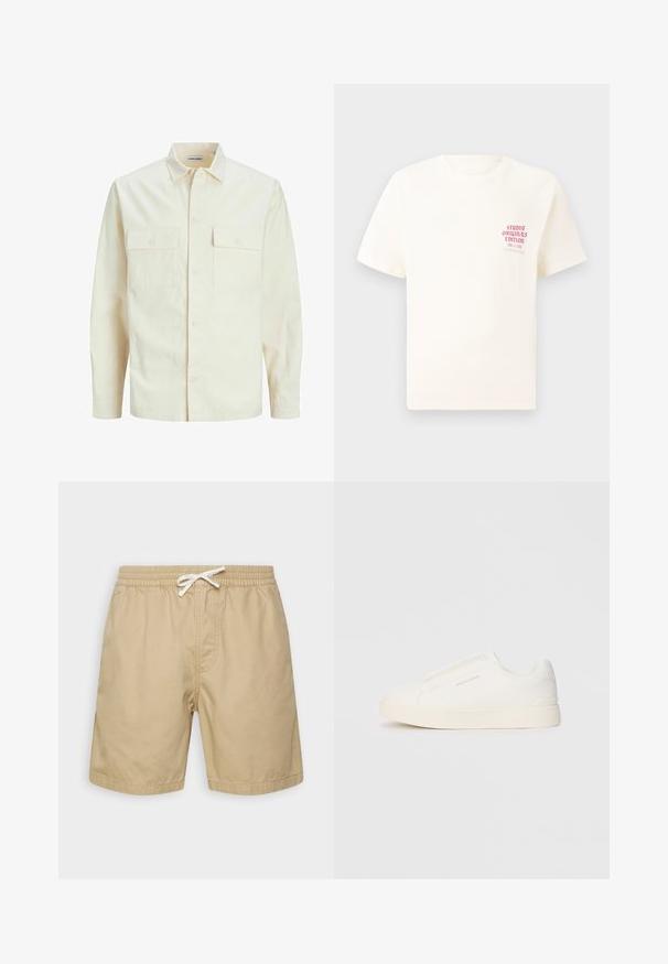 Svetlo bež srajca z dolgimi rokavi, ovratnim izrezom, dvema sprednjima žepoma, zapenjanjem na gumbe in teksturirano tkanino.; Bela majica s kratkimi rokavi z rdečim napisom "Studio Originals Edition" na levi strani prsnega koša, prikazana na nevtralnem sivo backgroundu.; Beige bombažne kratke hlače z elastičnim pasom, vrvico in dvema stranskima žepoma. Gladka tekstura, zasnova do kolen.; Bele zapete brez vezalk z teksturirano površino, debelim podplatom in minimalističnim dizajnom. Na strani se nahaja logotip blagovne znamke.
