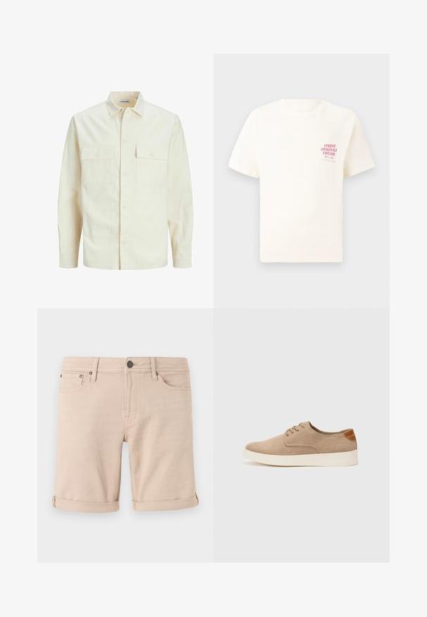 Lichtbeige langemouwen shirt met een kraaghalslijn, twee voorzakken, knoopsluiting en een gestructureerde stof.; Witte T-shirt met korte mouwen met rode tekst "Studio Originals Edition" op de linker borst, weergegeven op een neutrale grijze achtergrond.; Beige denim shorts met een rechte snit, met opgerolde mouwen, twee voorkanten en een klein achterzakje. Gemaakt van stevig materiaal.; Beige suède sneakers met een ronde neus, vetersluiting aan de voorkant en een getextureerde achteraccent. De witte rubberen zool zorgt voor contrast. Eenvoudig en modern ontwerp.