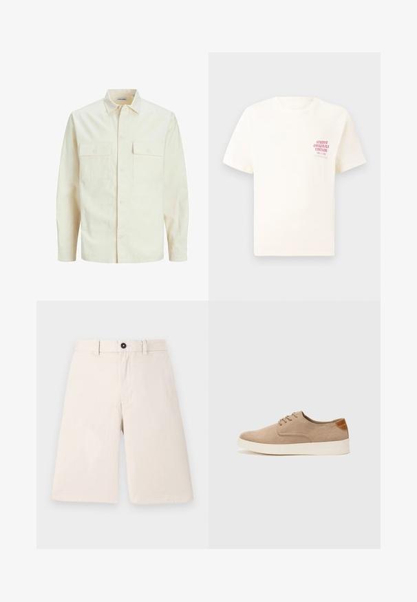Světle béžová košile s dlouhým rukávem, límečkem, dvěma předními kapsami, zapínáním na knoflíky a strukturovanou tkaninou.; Bílý krátký rukávový tričko s červeným textem "Studio Originals Edition" na levé hrudi, vystavené na neutrálním šedém pozadí.; Béžové bavlněné kraťasy s rovnými nohavicemi, které mají zapínání na knoflík a poutka na opasek. Hladká textura bez vzorů nebo akcentů.; Béžové semišové tenisky s kulatou špičkou, šněrováním vpředu a texturovaným zadním akcentem. Bílá gumová podrážka poskytuje kontrast. Jednoduchý a moderní design.
