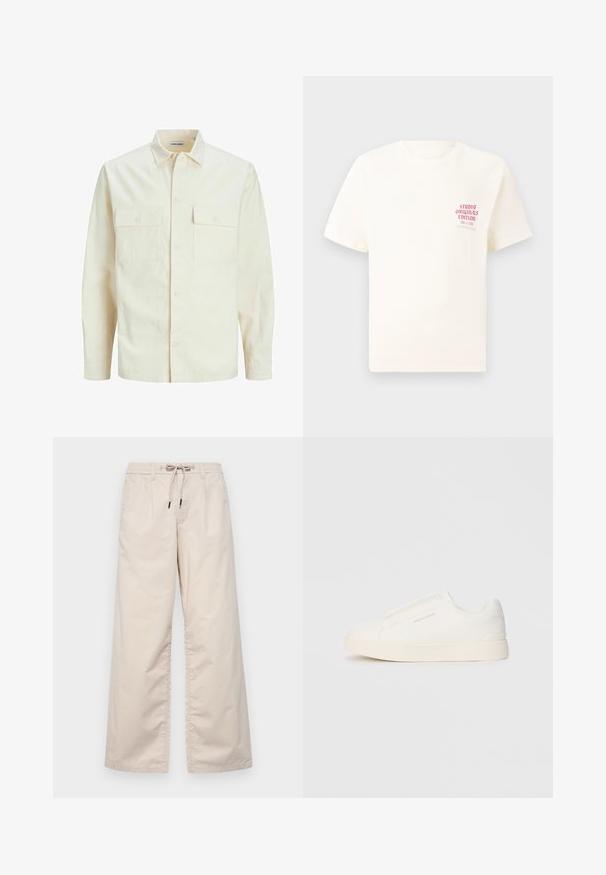 Svetlo bež srajca z dolgimi rokavi, ovratnim izrezom, dvema sprednjima žepoma, zapenjanjem na gumbe in teksturirano tkanino.; Bela majica s kratkimi rokavi z rdečim napisom "Studio Originals Edition" na levi strani prsnega koša, prikazana na nevtralnem sivo backgroundu.; Svijetlosmeđi široki hlače s elastičnom trakicom i špaga. Glatka pamučna tkanina s dva prednja nabora i bez vidljivih džepova.; Bele zapete brez vezalk z teksturirano površino, debelim podplatom in minimalističnim dizajnom. Na strani se nahaja logotip blagovne znamke.