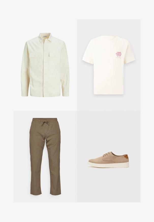 Kergedbež pika-särk pikkade varrukatega, krae ja kahe eespool asuva taskuga, nööpidega kinnitamine ja reljeefne materjal.; Valge lühikeste varrukatega T-särk, millel on vasakul rinnal punane tekst "Studio Originals Edition", esitatud neutraalsel hallil taustal.; Jack & Jones JPSTKANE SUMMER JOGGER - Püksid - dusty olive; Beežid nahast tossud ümarate varvastega, paeltega esiosa ja tekstuuriga tagakontuuriga. Valge kummist tallapakkumine loob kontrasti. Lihtne ja kaasaegne disain.