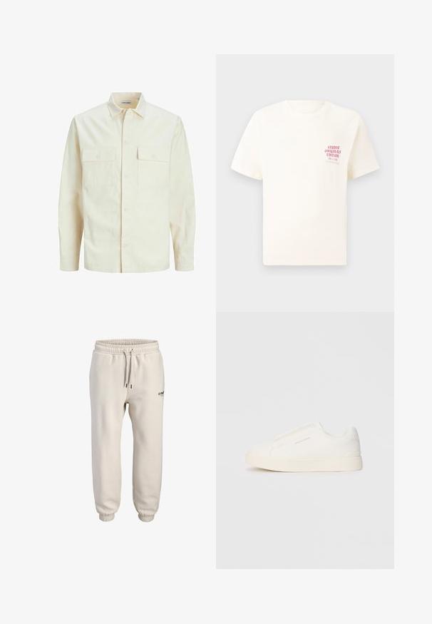 Hellbeige Langarmhemd mit klassischem Kragen, zwei Fronttaschen, Knopfverschluss und strukturiertem Stoff.; Weißes T-Shirt mit kurzen Ärmeln und rotem Text "Studio Originals Edition" auf der linken Brust, präsentiert vor einem neutralen grauen Hintergrund.; Helle beige Jogginghosen aus weichem Stoff, mit elastischem Bund und Kordelzug sowie schmal zulaufenden Bündchen. Kleines Logodetail auf der Vorderseite.; Weiße Slip-On-Sneaker mit einer strukturierten Oberfläche, dicker Sohle und minimalistischem Design. Mit Logo der Marke an der Seite.