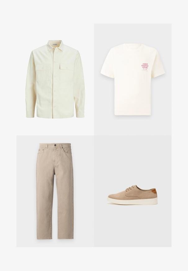 Svetlo bež srajca z dolgimi rokavi, ovratnim izrezom, dvema sprednjima žepoma, zapenjanjem na gumbe in teksturirano tkanino.; Bela majica s kratkimi rokavi z rdečim napisom "Studio Originals Edition" na levi strani prsnega koša, prikazana na nevtralnem sivo backgroundu.; Bež hlače iz bombaža s ravnim krojem, z gumbom za zapiranje, petimi žepi in diskretnimi šivi. Gladka tekstura.; Bež tkanine usnjene superge z zaobljenim nosom, vezalkami na sprednji strani in teksturiranim zadnjim detajlom. Belo gumijasto podplato zagotavlja kontrast. Enostaven in sodoben dizajn.