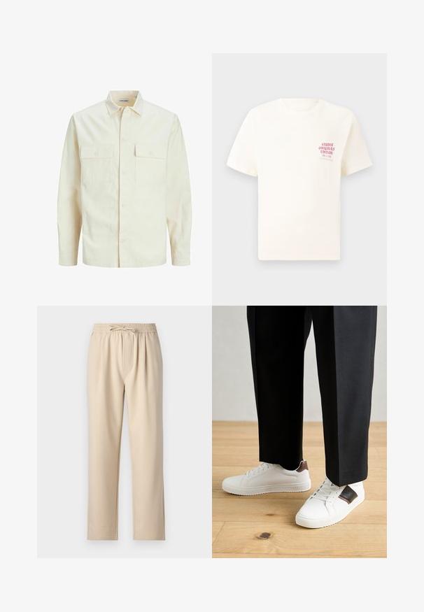 Jasno beżowa koszula z długim rękawem, z kołnierzykiem, dwoma kieszeniami z przodu, zapięciem na guziki i teksturowanym materiałem.; Biała koszulka z krótkim rękawem z czerwonym napisem "Studio Originals Edition" po lewej stronie klatki piersiowej, wyeksponowana na neutralnym szarym tle.; Beżowe spodnie z elastycznym paskiem i sznurkiem do regulacji, prostym krojem nogawek oraz miękką, gładką fakturą materiału.; Białe trampki o gładkiej fakturze, z brązowymi skórzanymi akcentami i czarnymi detalami, zestawione z czarnymi eleganckimi spodniami. Tło stanowi drewniana podłoga.