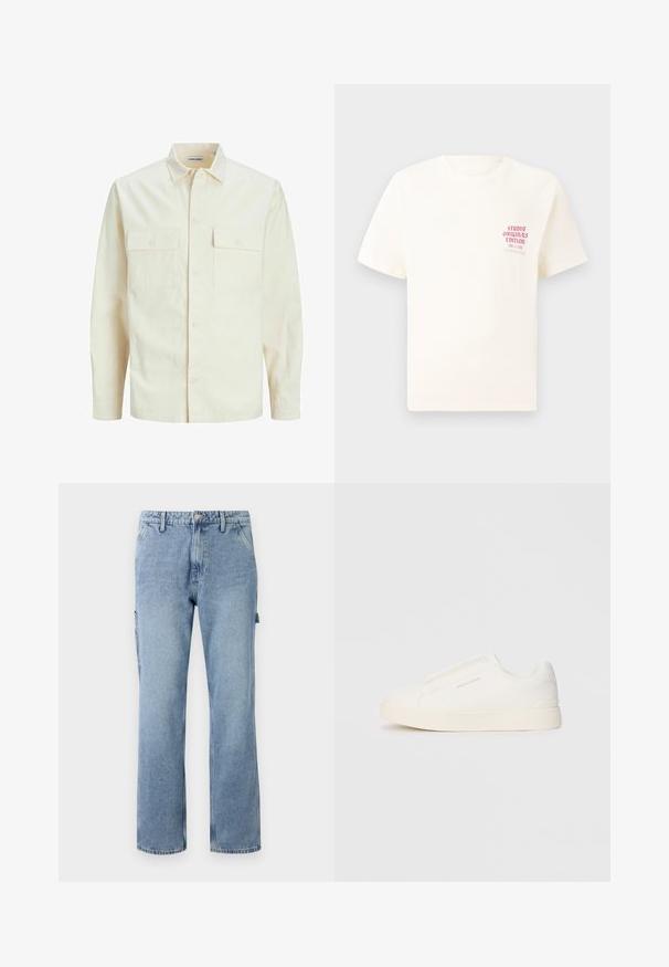 Svetlo bež srajca z dolgimi rokavi, ovratnim izrezom, dvema sprednjima žepoma, zapenjanjem na gumbe in teksturirano tkanino.; Bela majica s kratkimi rokavi z rdečim napisom "Studio Originals Edition" na levi strani prsnega koša, prikazana na nevtralnem sivo backgroundu.; Svijetloplave traper cargo hlače ravnih nogavica, s pet džepova i zatvaranjem na gumb. Ima bočne džepove i ležeran, opušten kroj.; Bele zapete brez vezalk z teksturirano površino, debelim podplatom in minimalističnim dizajnom. Na strani se nahaja logotip blagovne znamke.