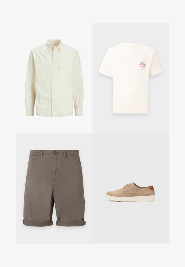 Camicia beige chiaro a maniche lunghe con colletto, due tasche frontali, chiusura a bottoni e un tessuto texturizzato.; T-shirt bianco a maniche corte con testo rosso "Studio Originals Edition" sul lato sinistro del petto, esposto su uno sfondo grigio neutro.; Shorts di cotone marroni con taglio dritto, dotati di chiusura con bottone e risvolti. Tessuto liscio, senza pattern o dettagli visibili.; Sneaker in suede beige con punta arrotondata, stringhe davanti e un accento testurizzato sul retro. La suola in gomma bianca offre un contrasto. Design semplice e moderno.