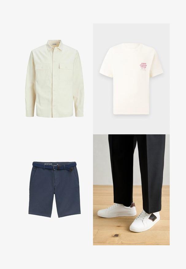 Svijetlo bež košulja dugih rukava s ovratnikom, dva prednja džepa, zatvaranje na dugmad i teksturirani materijal.; Bijela kratka majica s kratkim rukavima s crvenim natpisom "Studio Originals Edition" na lijevoj strani grudi, prikazana na neutralnoj sivoj pozadini.; Tamno plave kratke hlače od lagane tkanine, sa bočnim džepovima i pletenim remenom s smešnim kožnim detaljem.; Bijele tenisice s glatkom teksturom, s smešnim kožnim detaljima i crnim naglascima, u kombinaciji s crnim krojenim hlačama. Pozadina od drvenog poda.