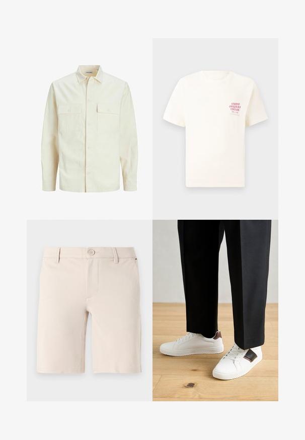 Light beige long-sleeve shirt with a collared neckline, two front pockets, button closure, and a textured fabric.; White short-sleeve T-shirt with red text "Studio Originals Edition" on left chest, displayed on a neutral gray background.; Beige shorts made of smooth fabric; features a button closure, belt loops, and a clean front design with straight leg openings.; White sneakers with smooth texture, featuring brown leather accents and black detailing, paired with black tailored pants. Wooden floor background.