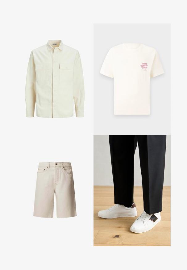 Camisa de manga larga color beige claro con cuello, dos bolsillos frontales, cierre de botones y una tela texturizada.; Camiseta blanca de manga corta con el texto rojo "Edición de Studio Originals" en el lado izquierdo del pecho, exhibida sobre un fondo gris neutro.; Shorts de mezclilla beige con corte recto, cinco bolsillos, botón superior y trabillas para cinturón. Textura suave con sutiles detalles de costura.; Zapatillas blancas con textura suave, con acentos de cuero marrón y detalles en negro, combinadas con pantalones negros ajustados. Fondo de suelo de madera.