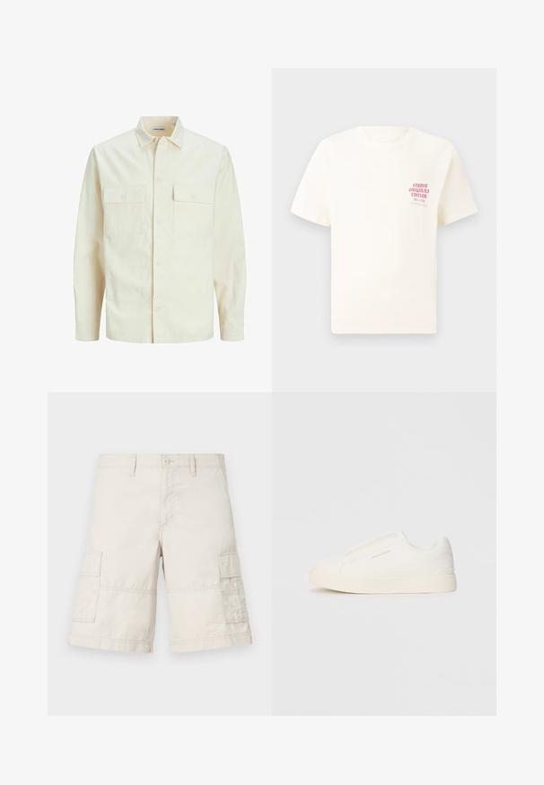 Svijetlo bež košulja dugih rukava s ovratnikom, dva prednja džepa, zatvaranje na dugmad i teksturirani materijal.; Bijela kratka majica s kratkim rukavima s crvenim natpisom "Studio Originals Edition" na lijevoj strani grudi, prikazana na neutralnoj sivoj pozadini.; Bež kratke hlače izrađene od laganog pamuka, s dva bočna džepa, prednjim zakopčanjem na dugme i šavnim detaljima.; Bijele slip-on tenisice s teksturiranom površinom, debelim đonom i minimalističkim dizajnom. Sadrže logo branda sa strane.